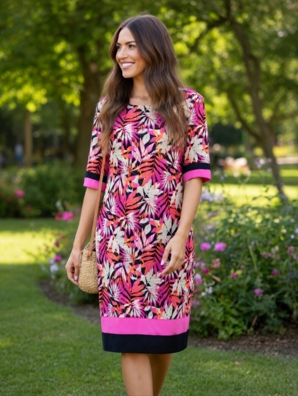 Madison Leigh Pink, Orange & Black Abstract Leaf Print Midi Dress Size 12